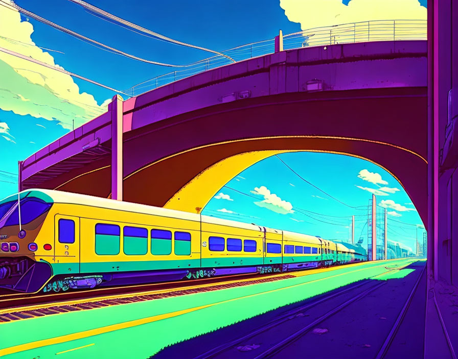 Yellow train speeding through futuristic city with elevated roads in vibrant digital artwork