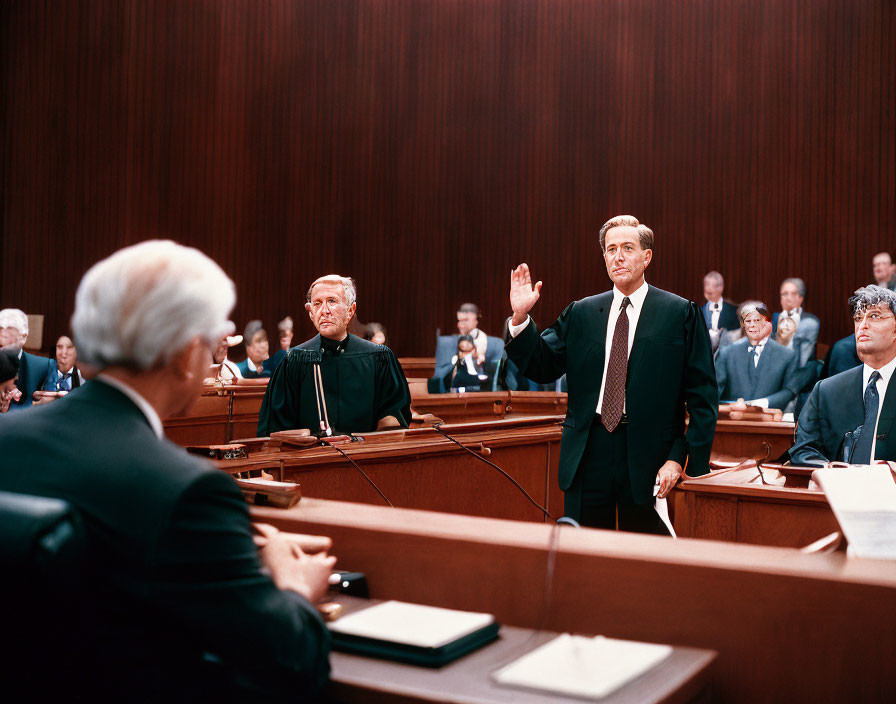 Man Takes Oath in Courtroom with Lawyers and Judges