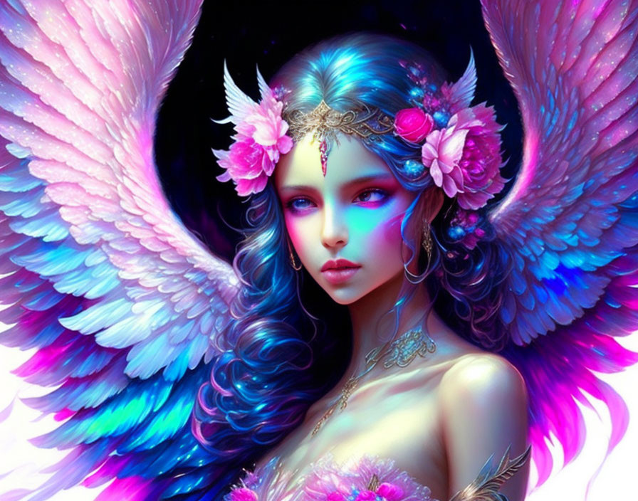 Fantastical female figure with vibrant blue hair and angelic wings.