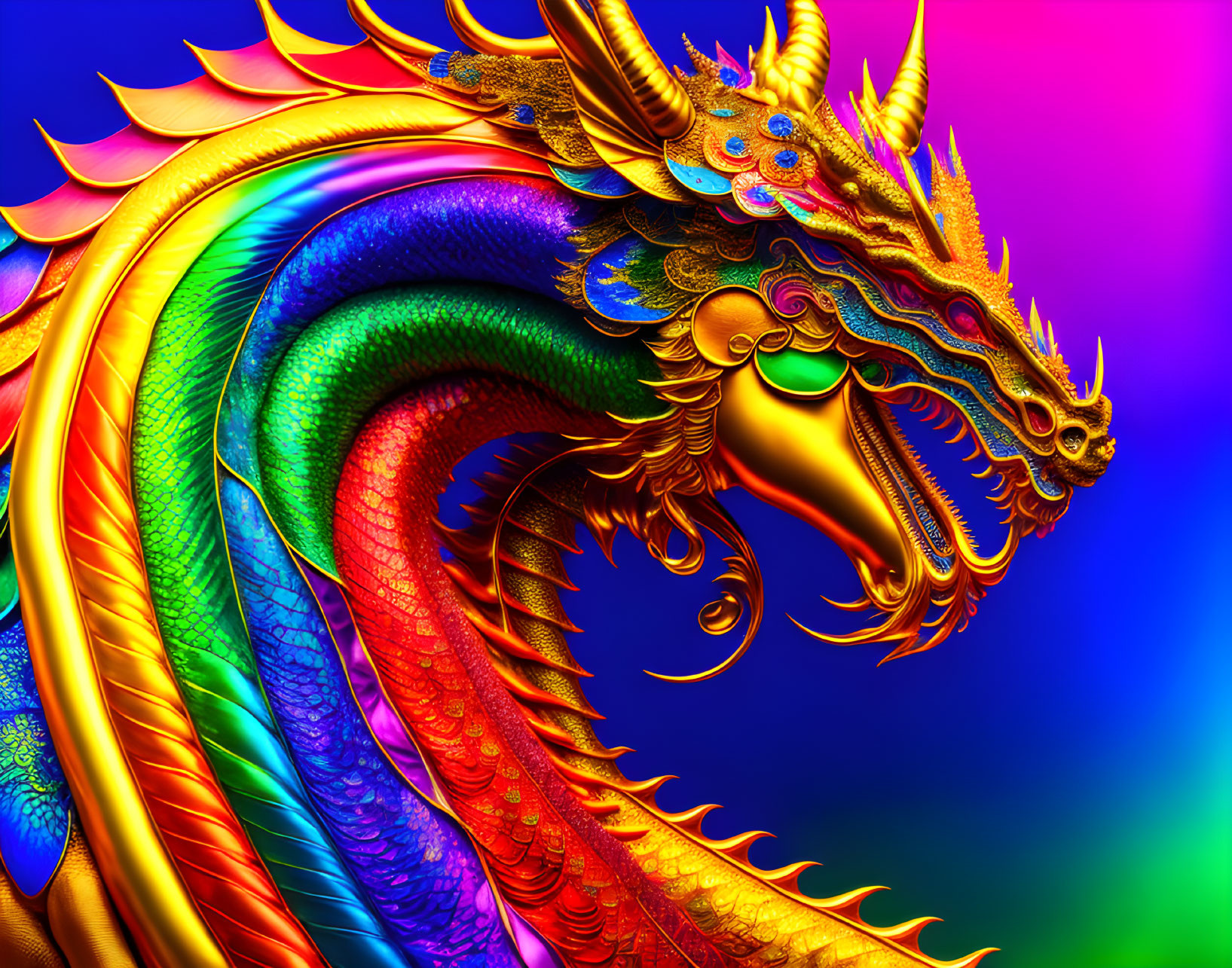 Colorful Chinese Dragon Artwork with Rainbow Scales on Magenta and Blue Background