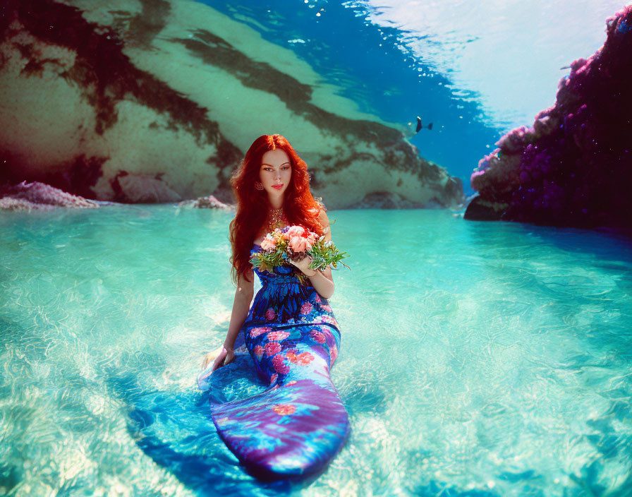 Red-haired woman styled as a mermaid with colorful tail, holding flowers in blue water near rocky formations