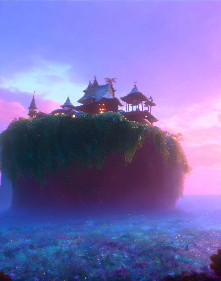 Ethereal floating island with Eastern-style buildings in mystical purple haze