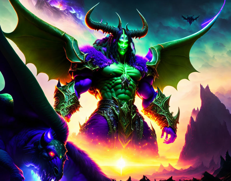 Vibrant fantasy art: Powerful horned demon in mystical landscape