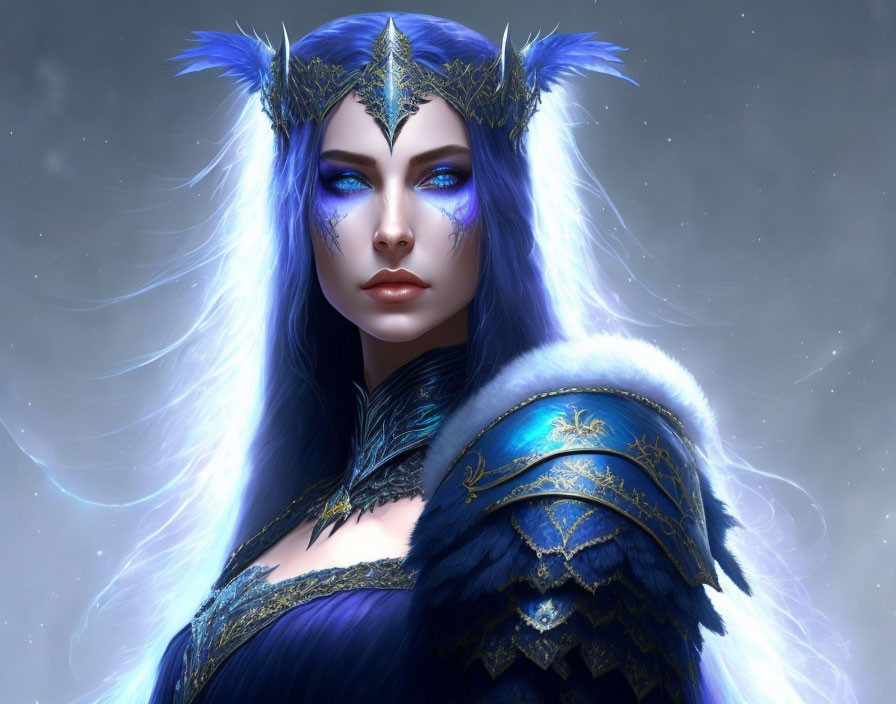 Fantasy female character with blue hair, radiant blue eyes, regal crown, and ornate armor
