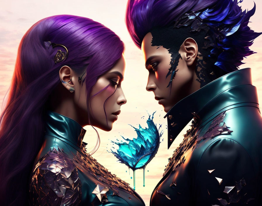 Vibrant purple hair characters with metallic clothing and glowing feather.