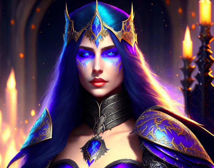 Fantasy queen with blue hair in golden armor and crown, surrounded by glowing candles