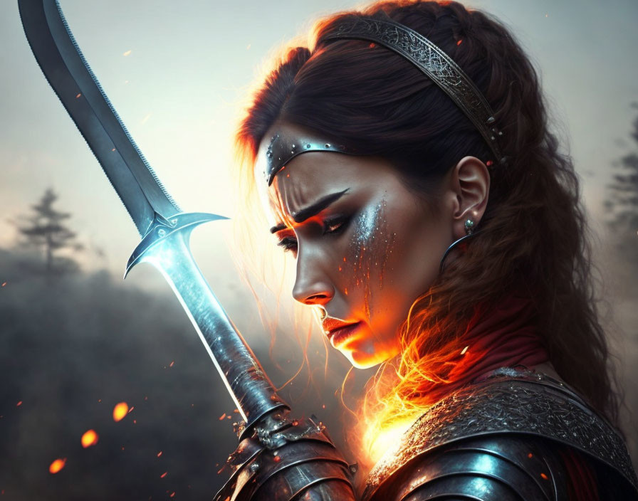 Warrior woman with sword and tiara in fiery battle scene