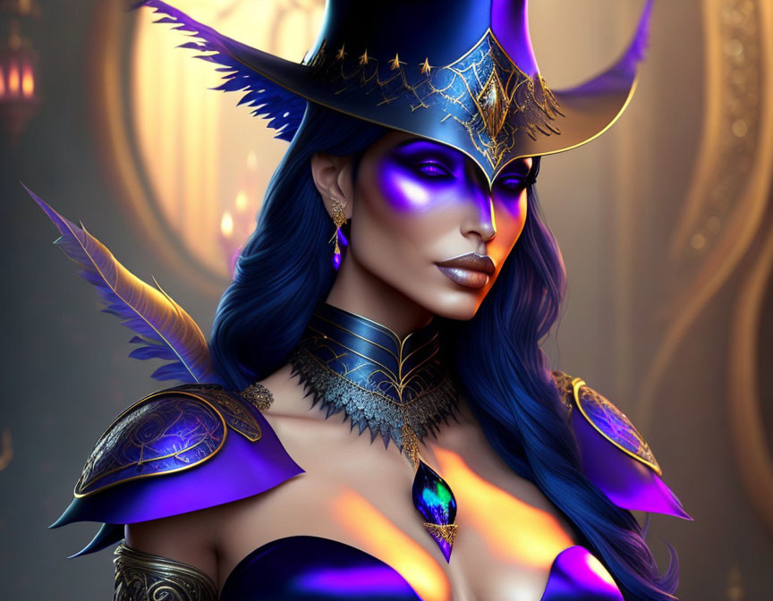 Fantasy character with blue skin and golden armor in stylish hat on mystical golden background