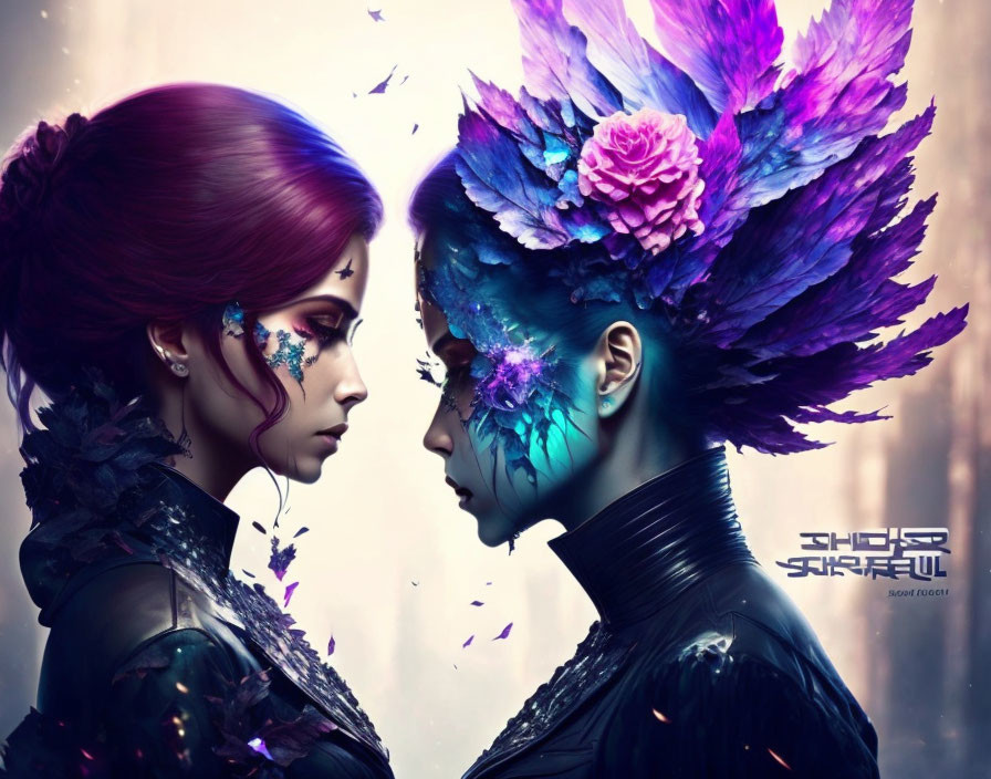 Artistic female figures with vibrant floral headpieces in purple-toned setting
