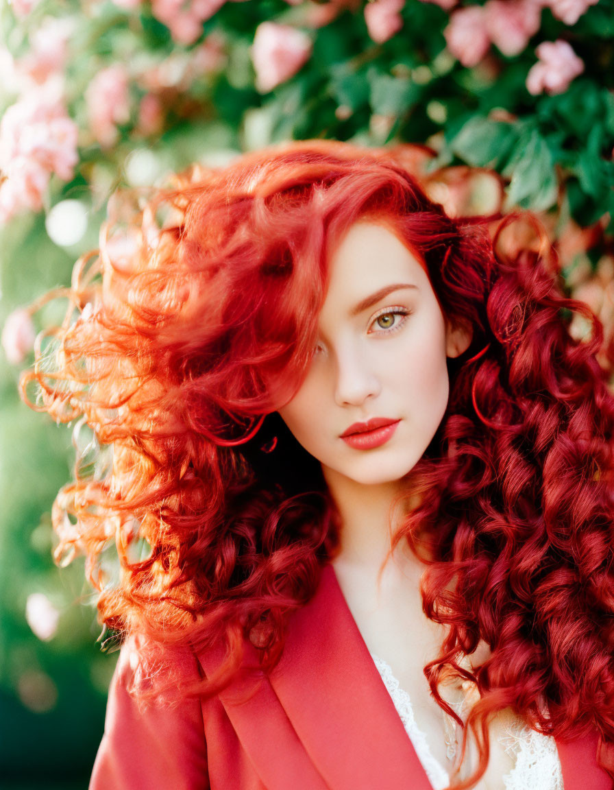 Vibrant red-haired woman in red attire amid pink blossoms