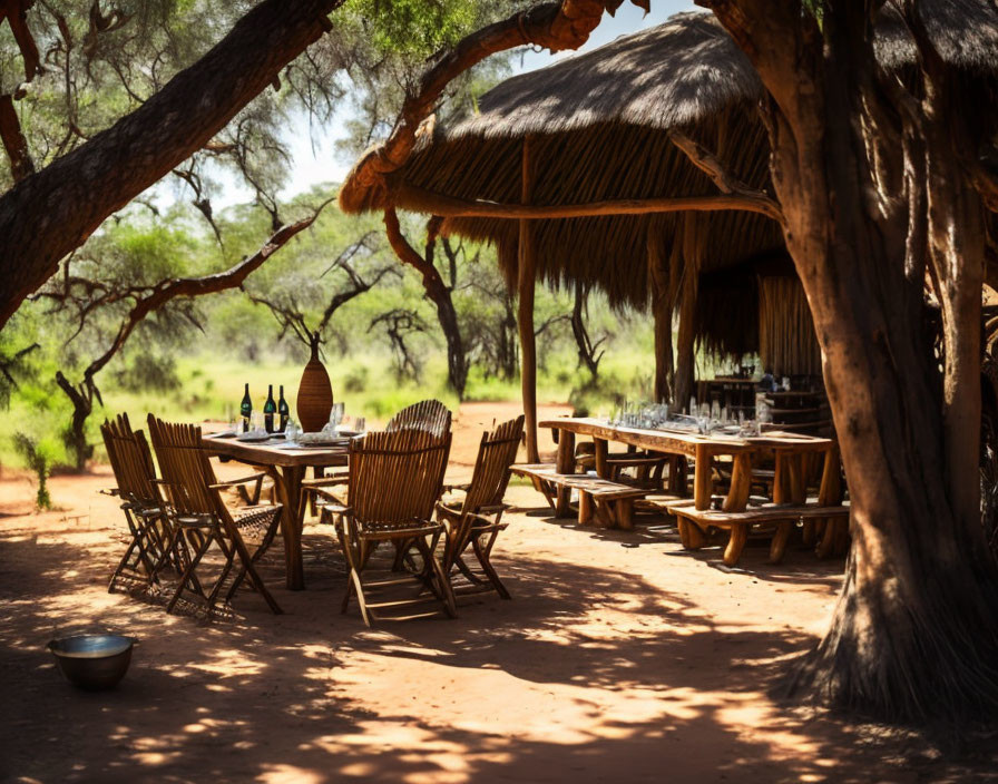 Thatched Roof Outdoor Dining Area with Wooden Furniture