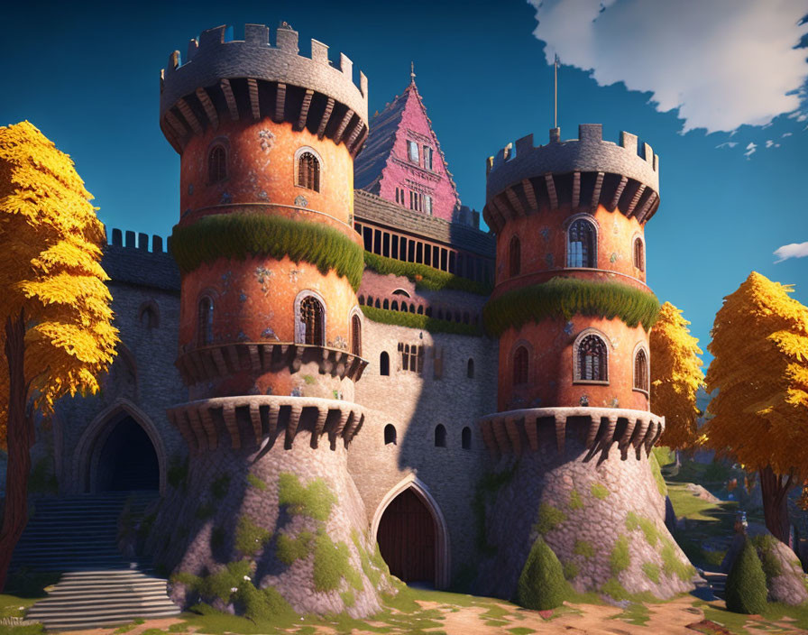 Whimsical animated castle with twin towers and vibrant trees