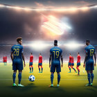 Digital artwork: Soccer players on pitch with glowing ball, stadium full of spectators, twilight sky