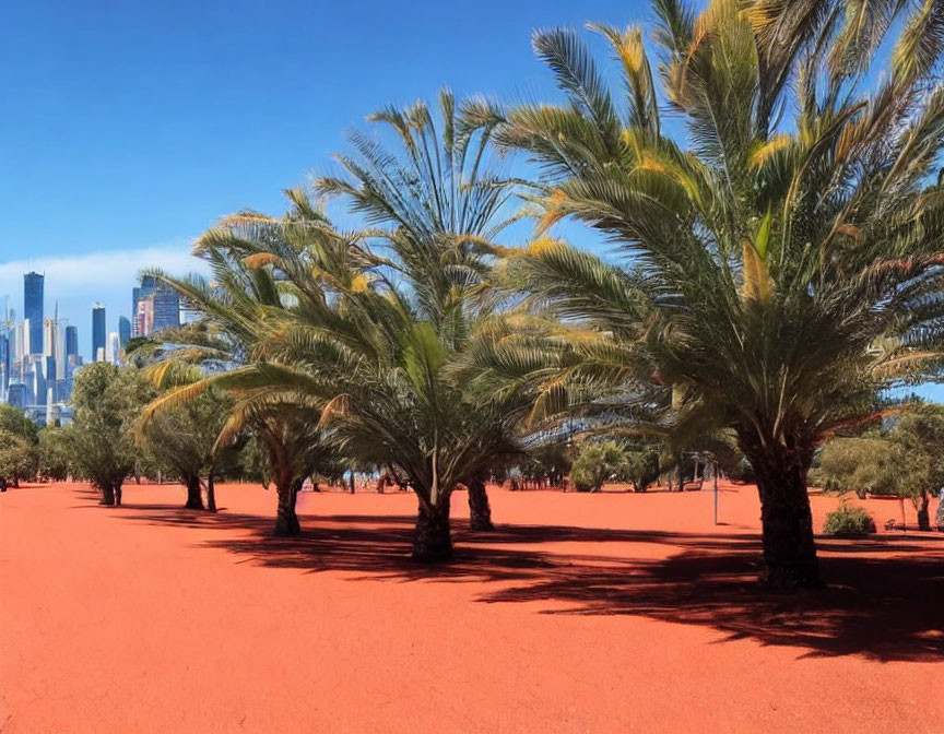 Vibrant red ground contrasts with lush palm trees and modern city skyline