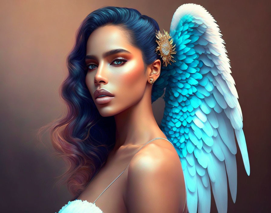 Digital artwork featuring woman with blue angel wings and golden hair accessory