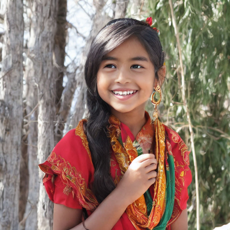 Young girl in red dress with colorful scarf and flower, joyful expression outdoors by trees