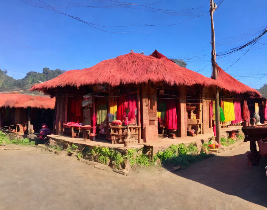 Colorful textiles on traditional thatched roof market stalls under clear blue sky