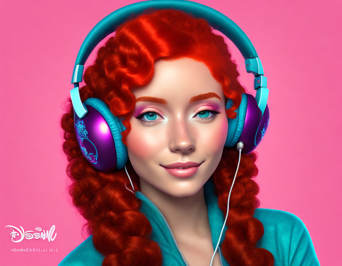 Smiling woman with red curly hair in teal headphones on pink background