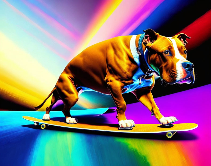 Digitally altered brown and white dog skateboarding with colorful streaked background