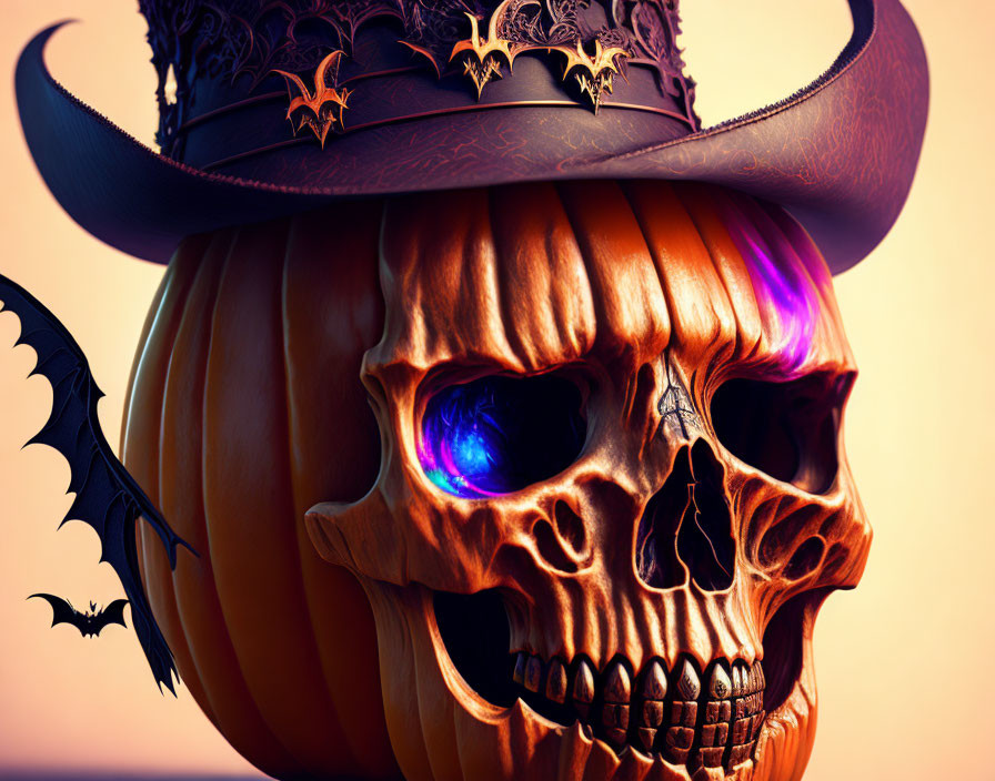 Skull-faced pumpkin with gothic cowboy hat and bat motifs in purple glow