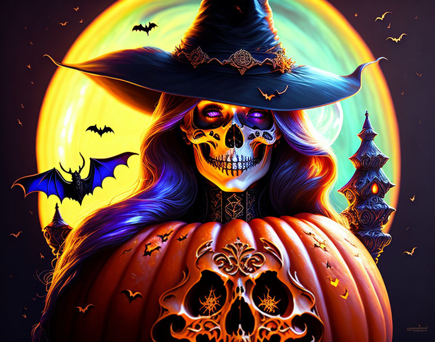 Colorful Halloween Skeleton with Witch Hat on Pumpkin Under Full Moon