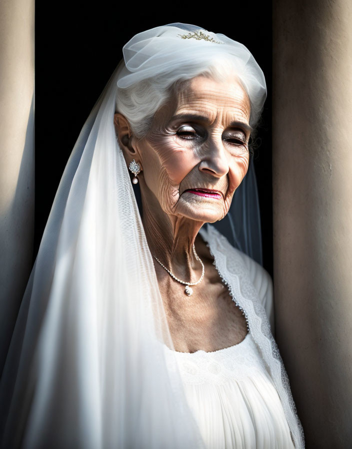 Elderly bride in white veil and dress between dark columns