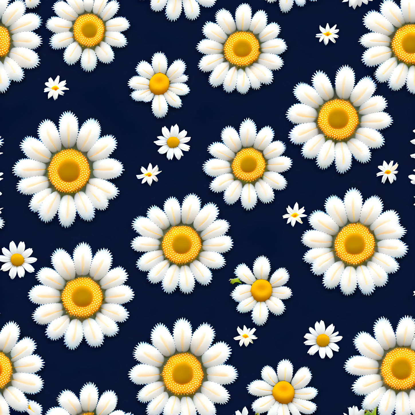 White and Yellow Daisies Pattern on Dark Blue Background