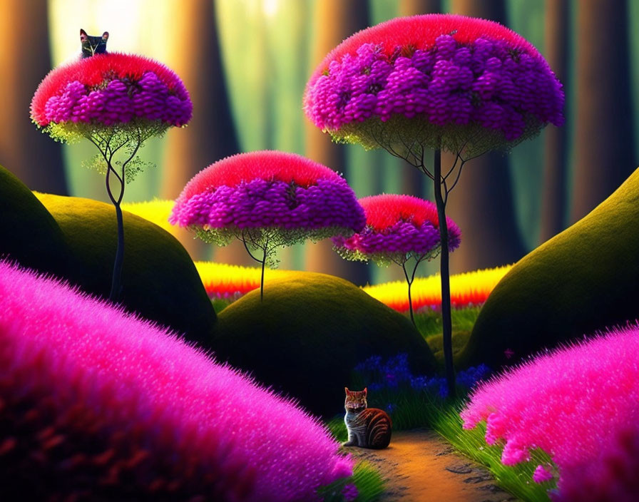 Colorful fantasy landscape with purple treetops, lush hills, and playful cats