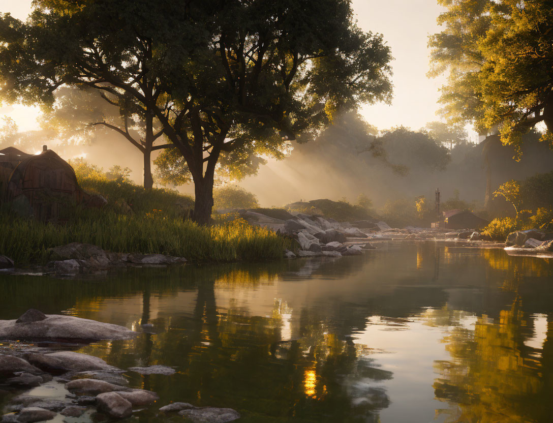 Tranquil sunrise scene by calm lake with hut and rocks