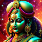 Vibrant Hindu deity with intricate jewelry on cosmic background