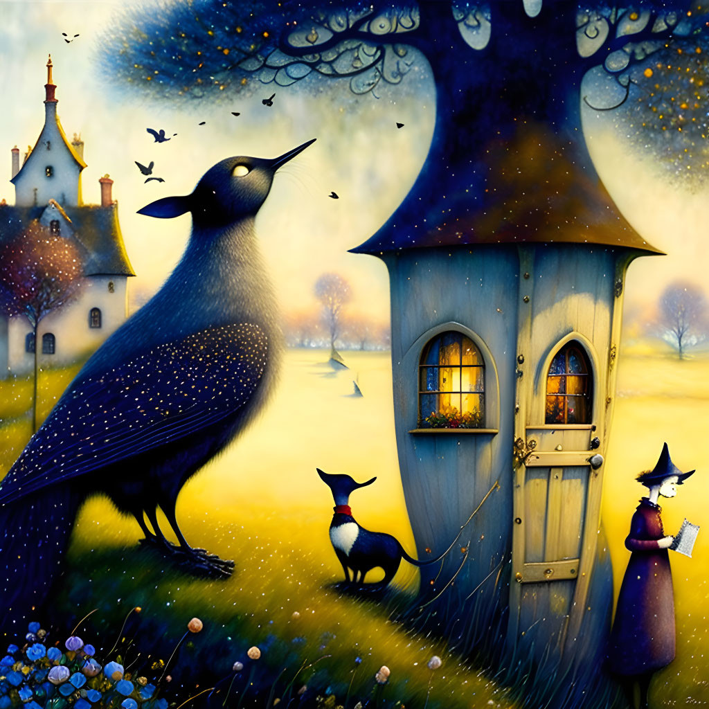 Illustration of starry bird-shaped house, witch with dog, and church in twilight.