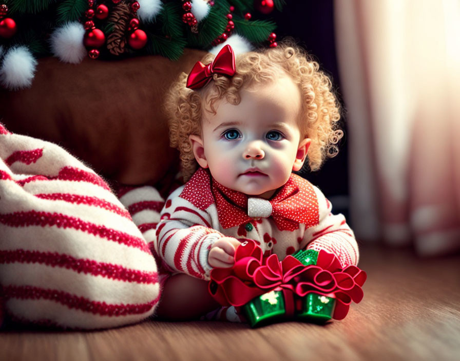 Curly-Haired Toddler in Festive Attire by Christmas Tree with Green Gift