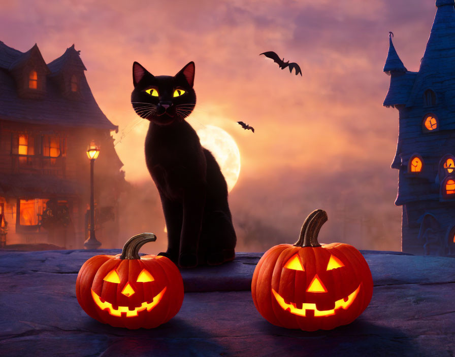 Black Cat with Jack-o'-lanterns, Full Moon, Spooky Houses, and Bat