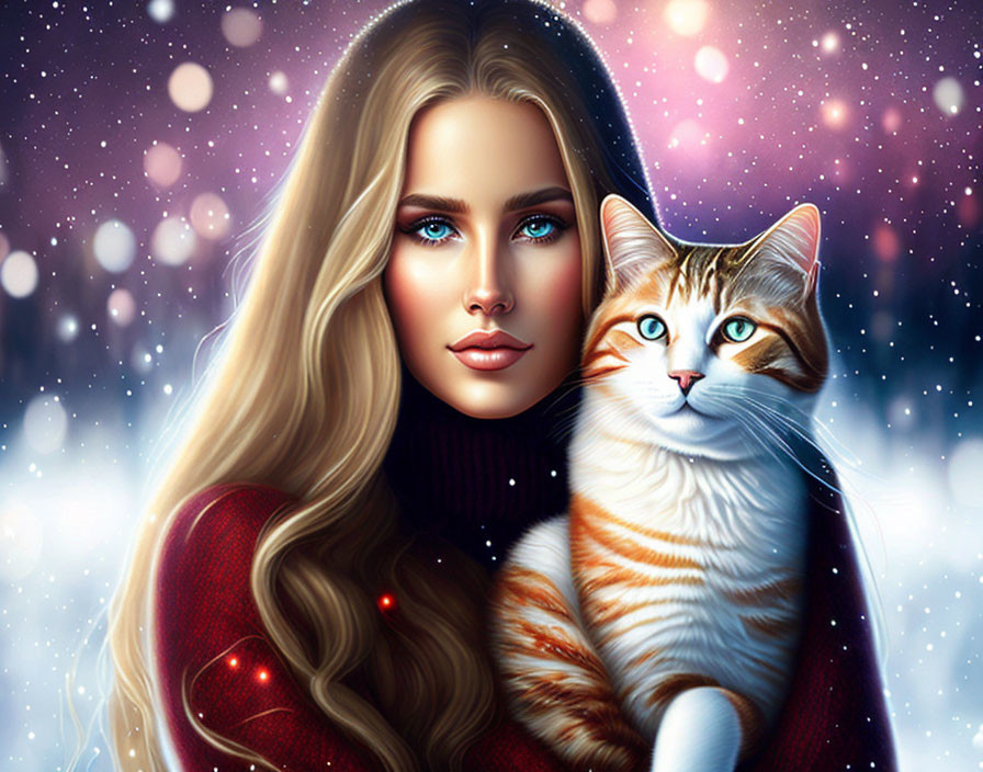 Blond woman with blue eyes holding cat in snowy scene