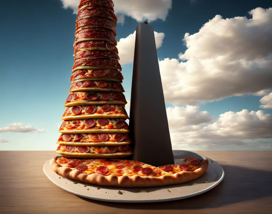 Stack of Pepperoni Pizzas Against Cloudy Sky