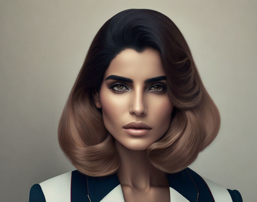 Woman with Voluminous Wavy Brown Hair & Striking Makeup in Black & White Outfit