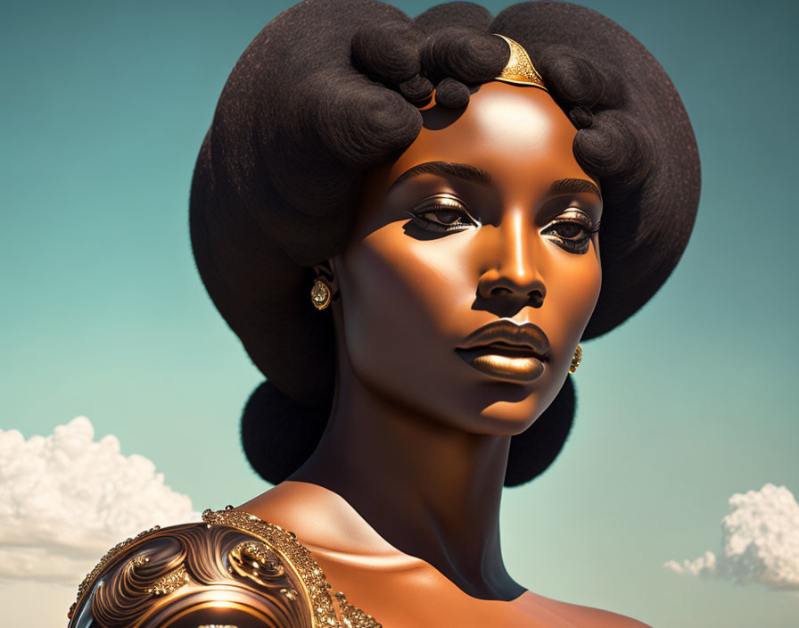 Stylized digital artwork of woman with afro hair and golden accessories