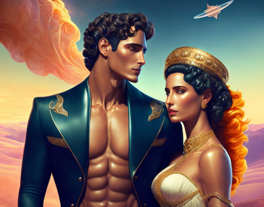 Classical man and woman in mythical setting, man shirtless with jacket, woman in golden headdress