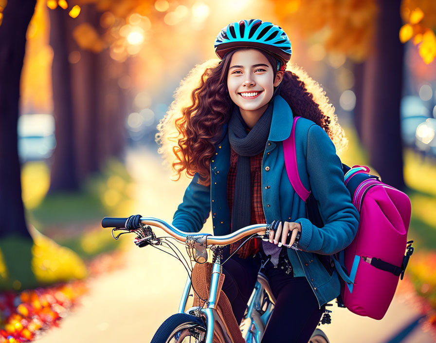 Smiling person with curly hair rides bicycle in autumn park