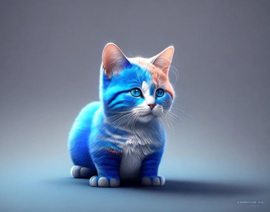 Blue and White Cat with Large Blue Eyes on Gray Background