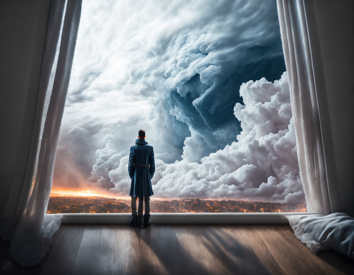 Person in Blue Coat Gazes at Surreal Cloud Formation at Sunrise or Sunset