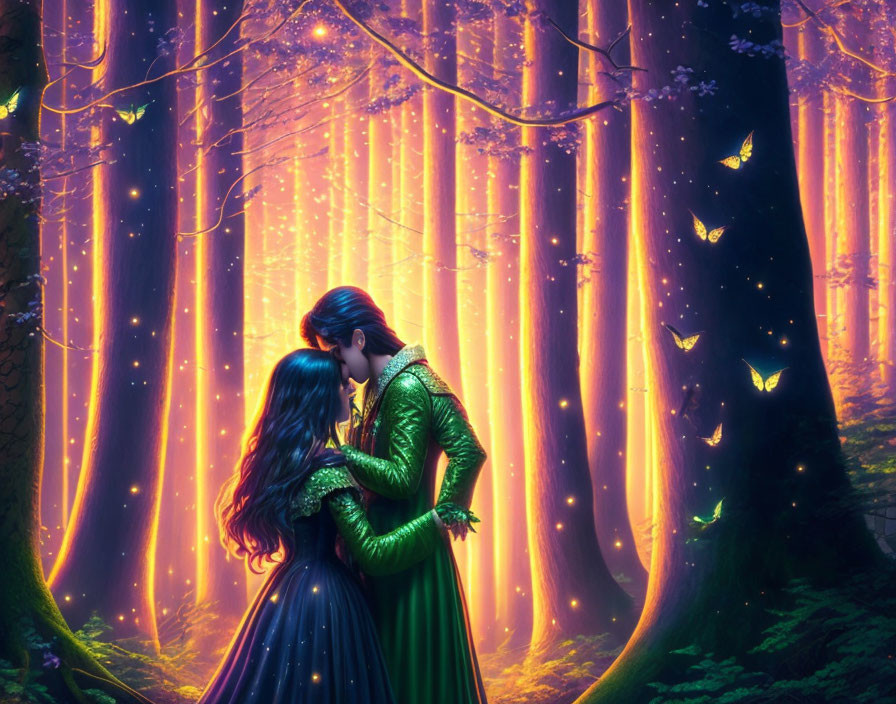 Embracing couple in mystical forest with luminescent particles