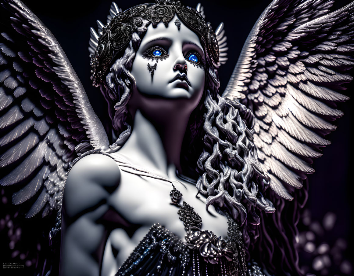 Detailed angelic figure with ornate wings and blue eyes on dark background