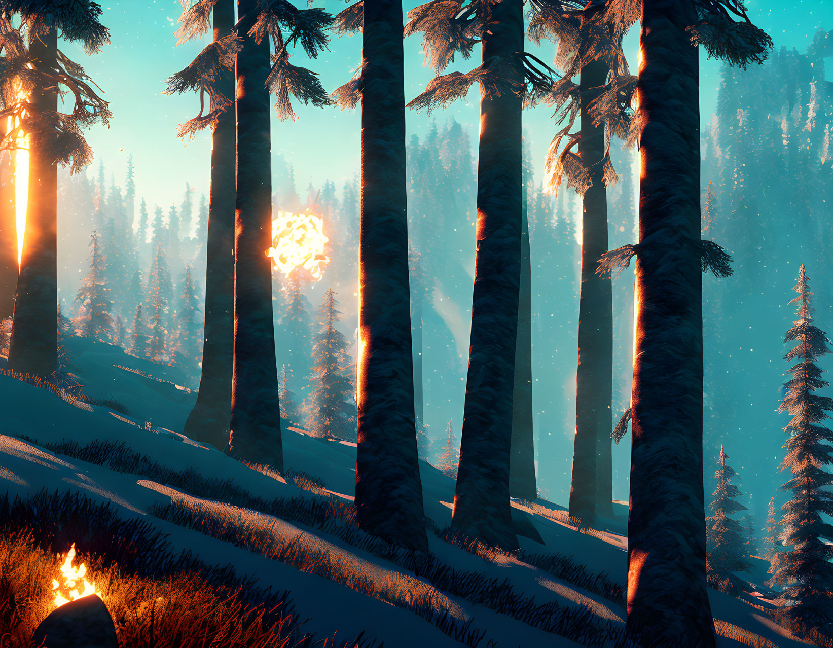 Tranquil sunset forest with tall pine trees and warm glow