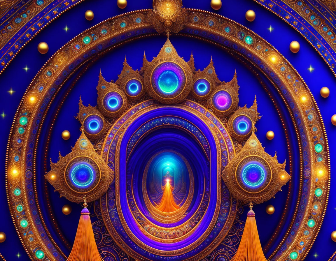 Symmetrical peacock feather-inspired digital art with glowing tunnel and gold motifs