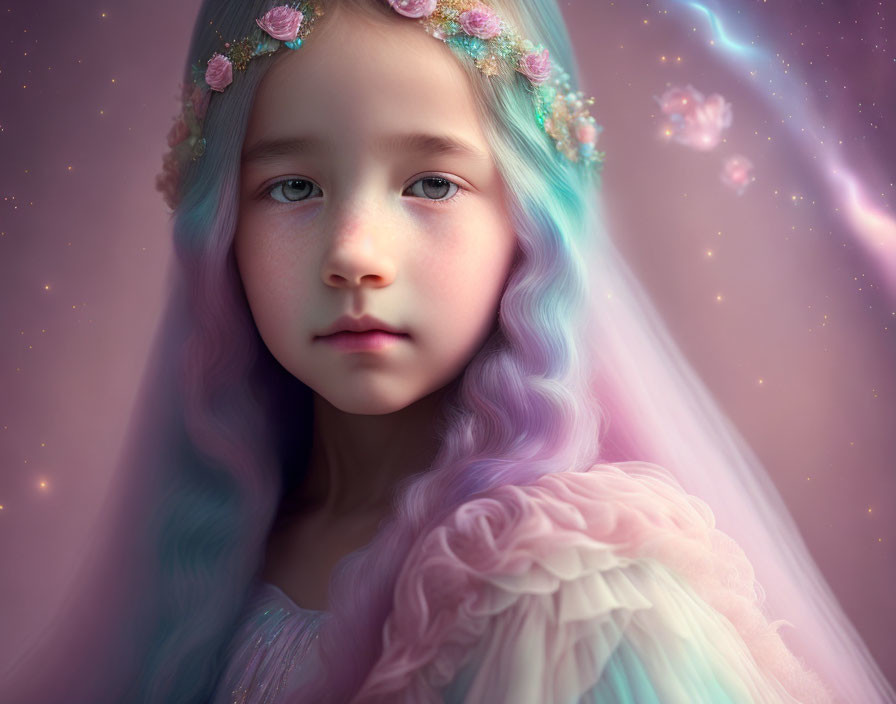 Young girl with floral headband and rainbow hair in cosmic setting