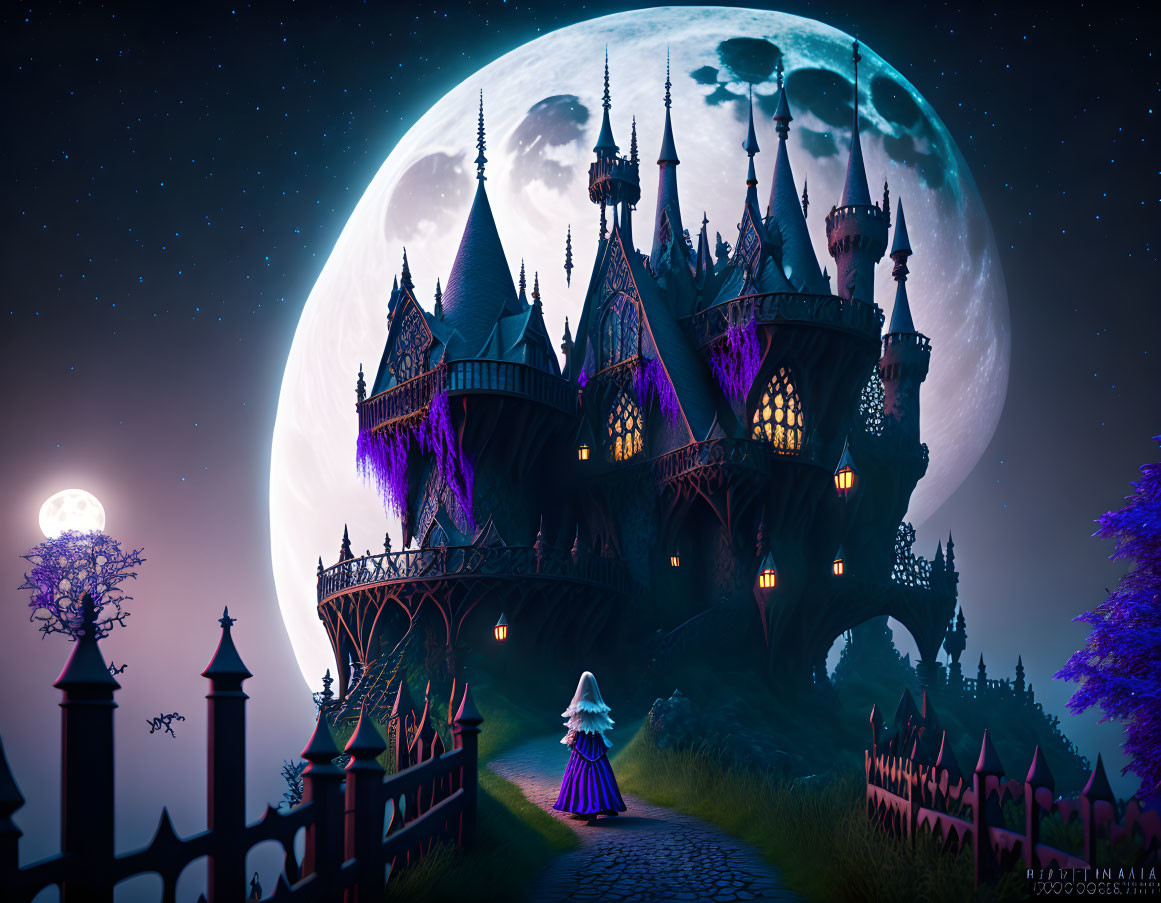 Digital artwork of intricate castle under full moon with cloaked figure