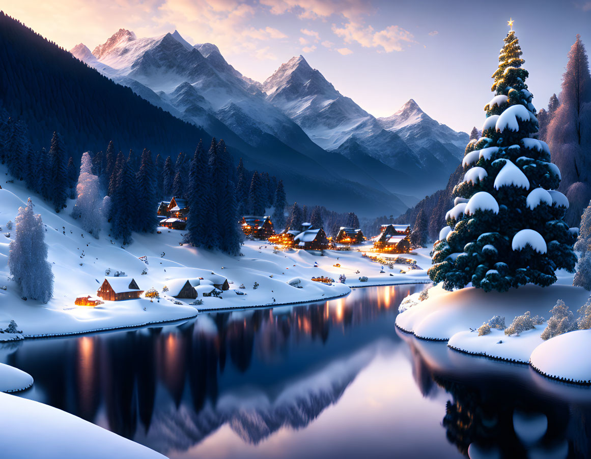 Snowy Winter Landscape with Christmas Tree and River Reflections