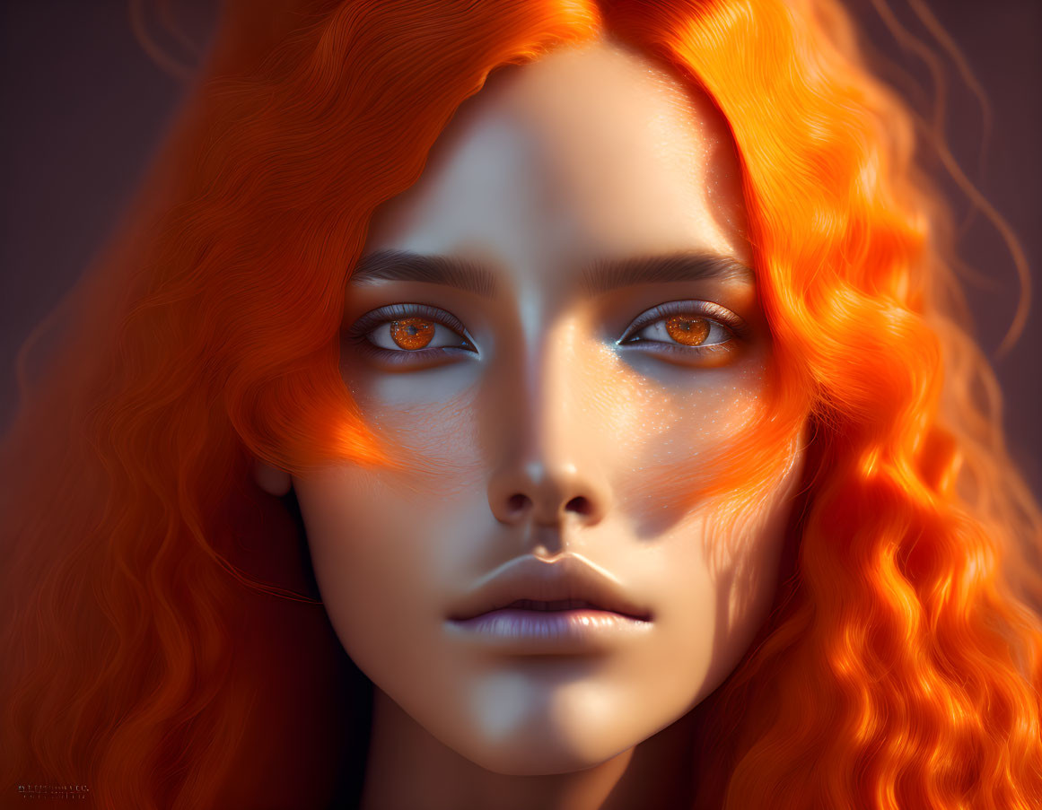 Female with radiant orange hair and intense matching eyes in pensive gaze