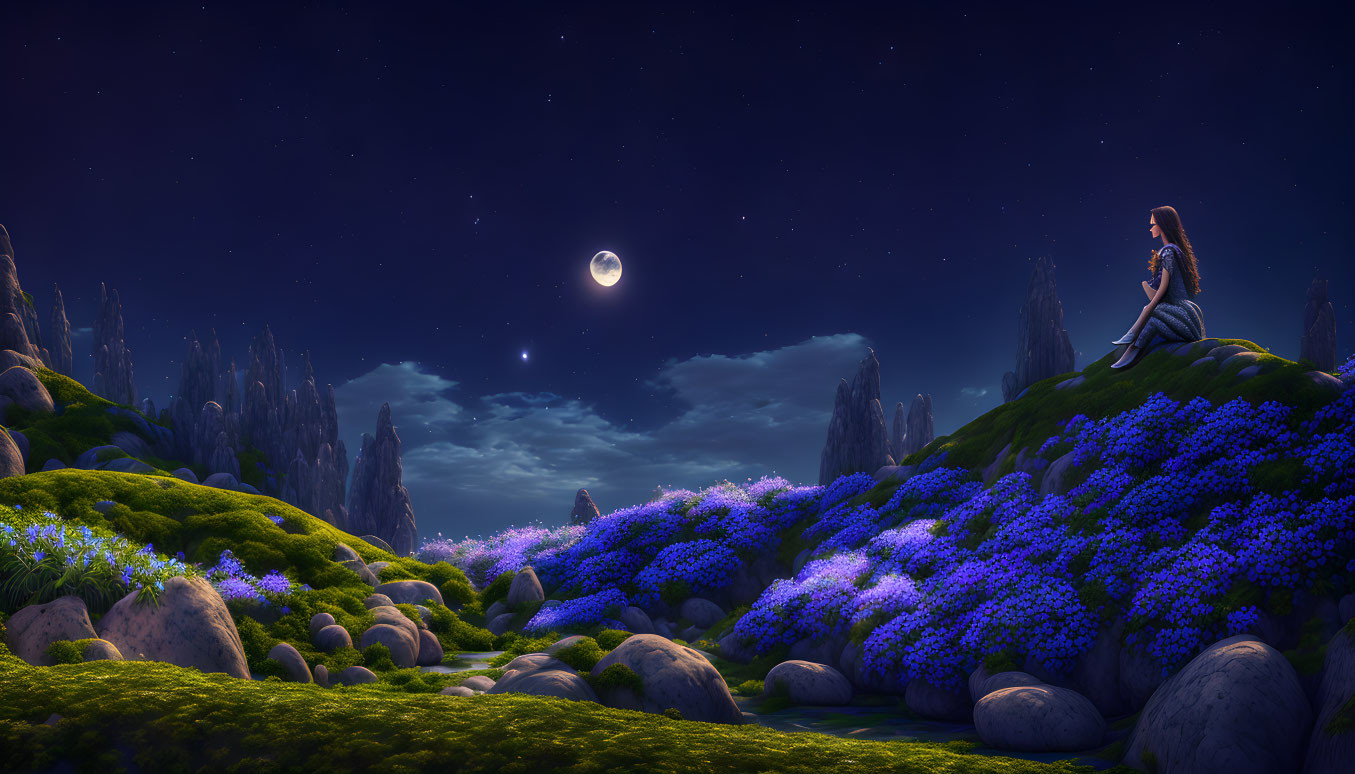 Woman admiring moon over blue flower field at night